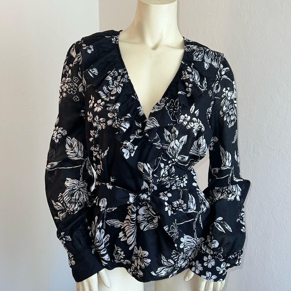 Vintage Oscar De La Renta Semi-Sheer Floral Ruffled Cotton Blouse. Size 10.
